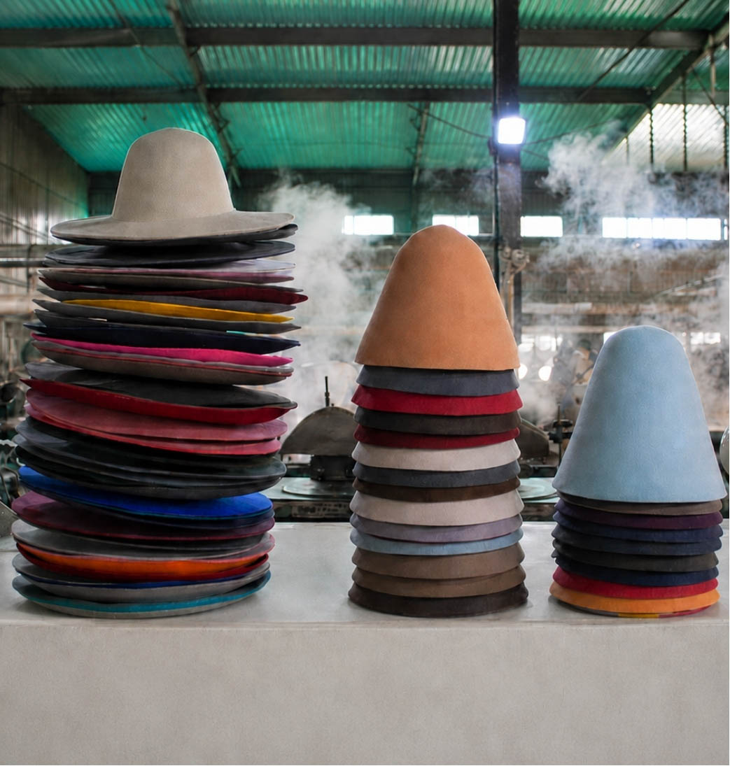 Filas de cuerpos de sombrero de lana en una planta de producción